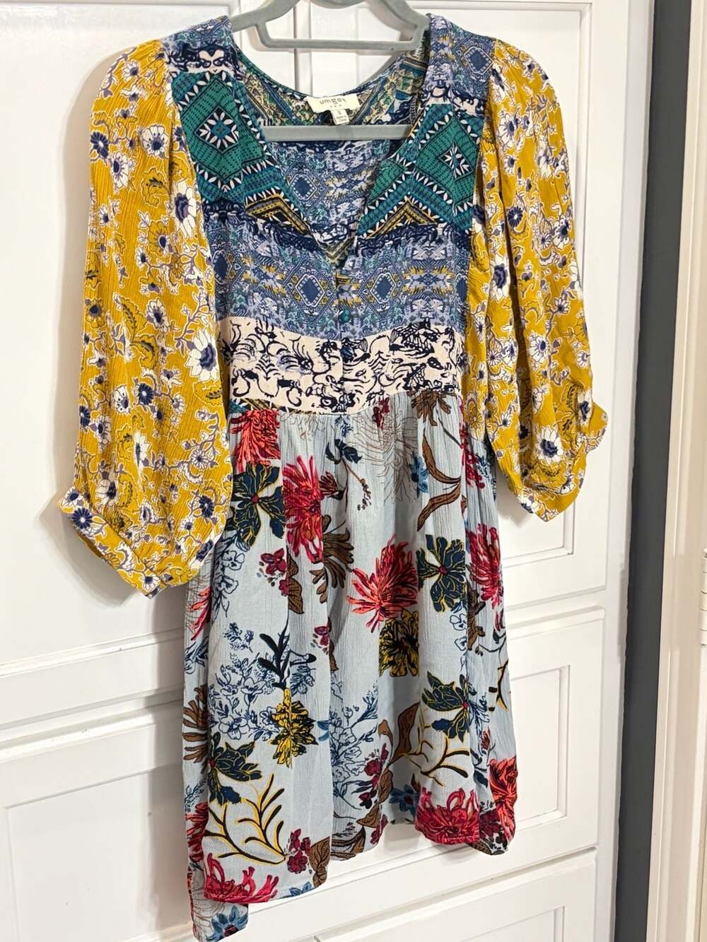 Umgee USA Boho Fall Patchwork Floral Dress Small Rayon Multicolor Hippie Artsy